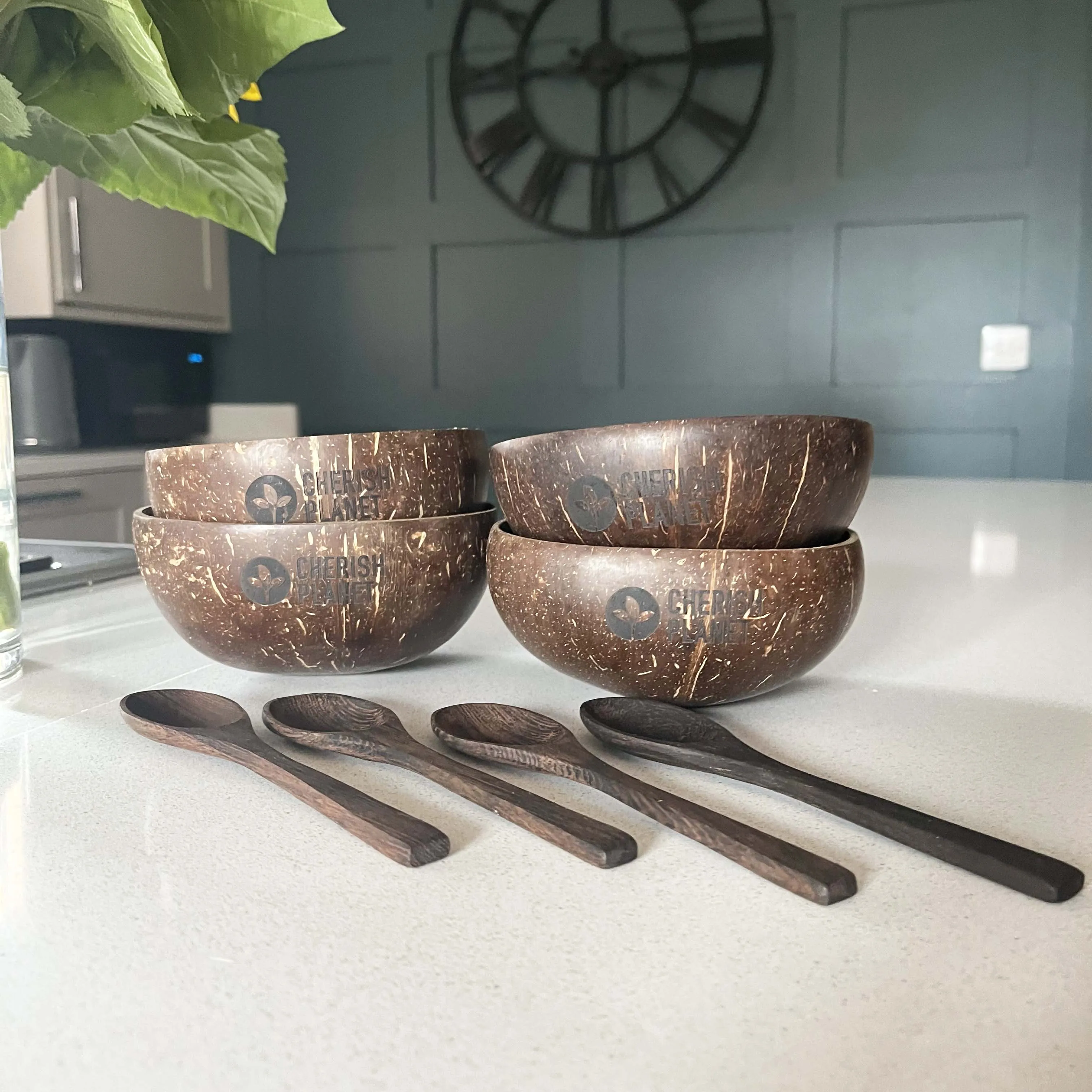 Real Coconut Shell Bowls with Wooden Spoons