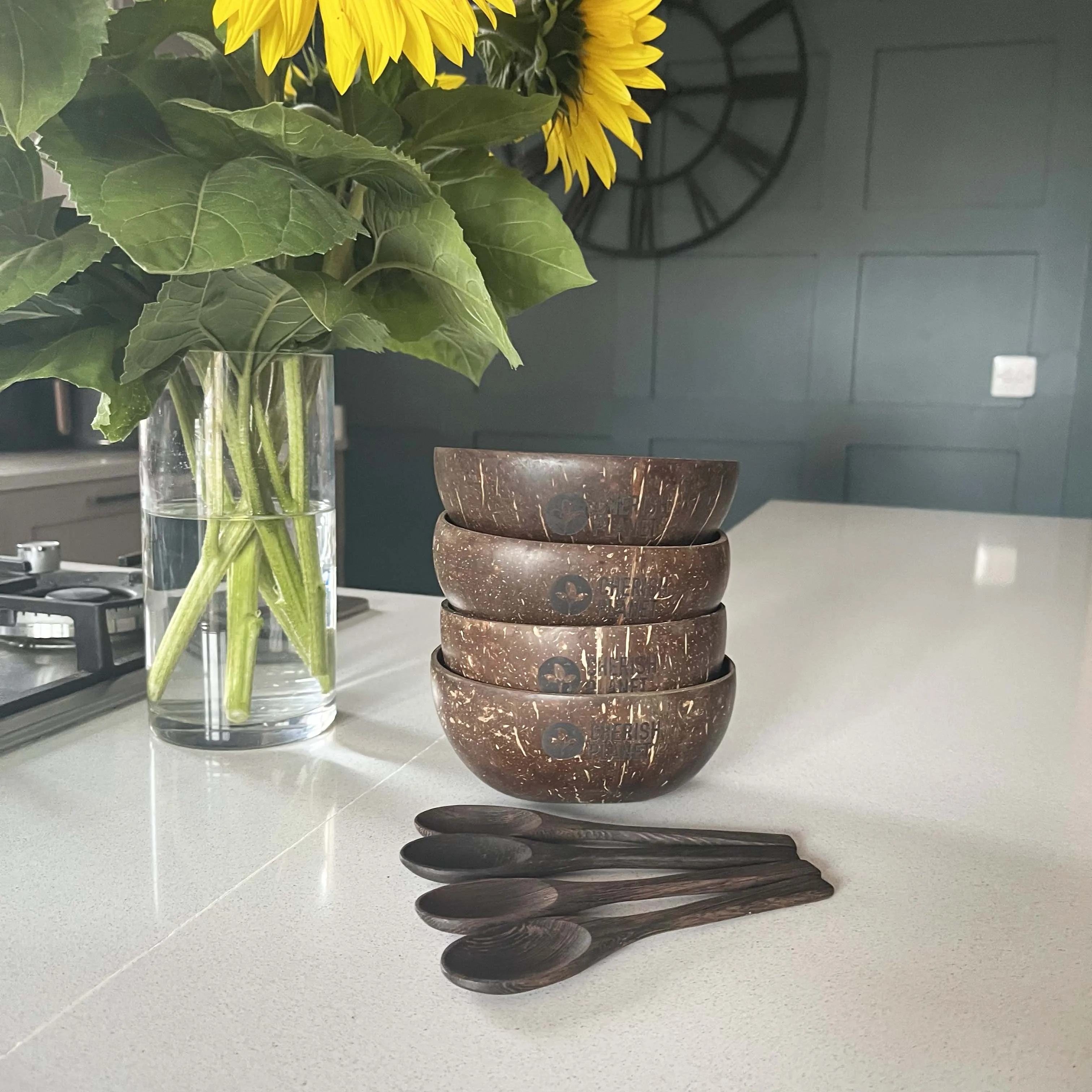 Real Coconut Shell Bowls with Wooden Spoons