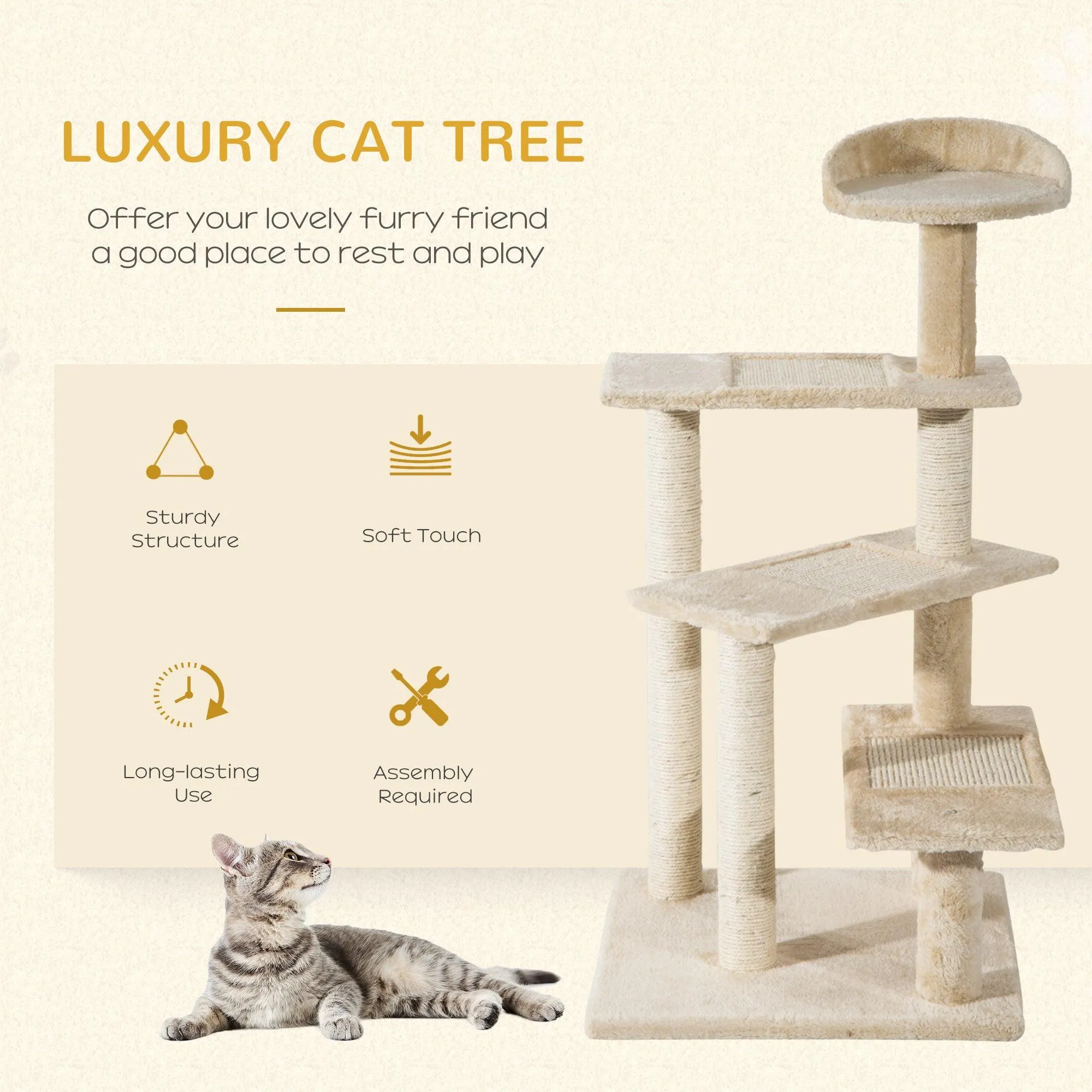 Sisal Cat Tree Scratching Post Climbing Tower, Beige