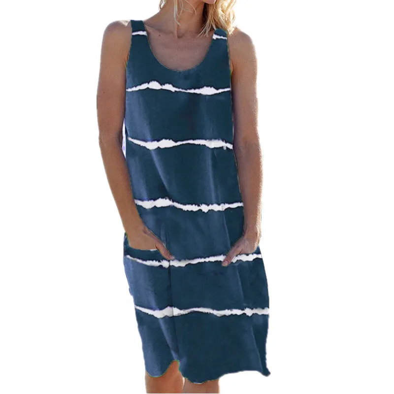 Sleeveless Summer Women's Round Neck Printed Striped Pocket Vest Dress