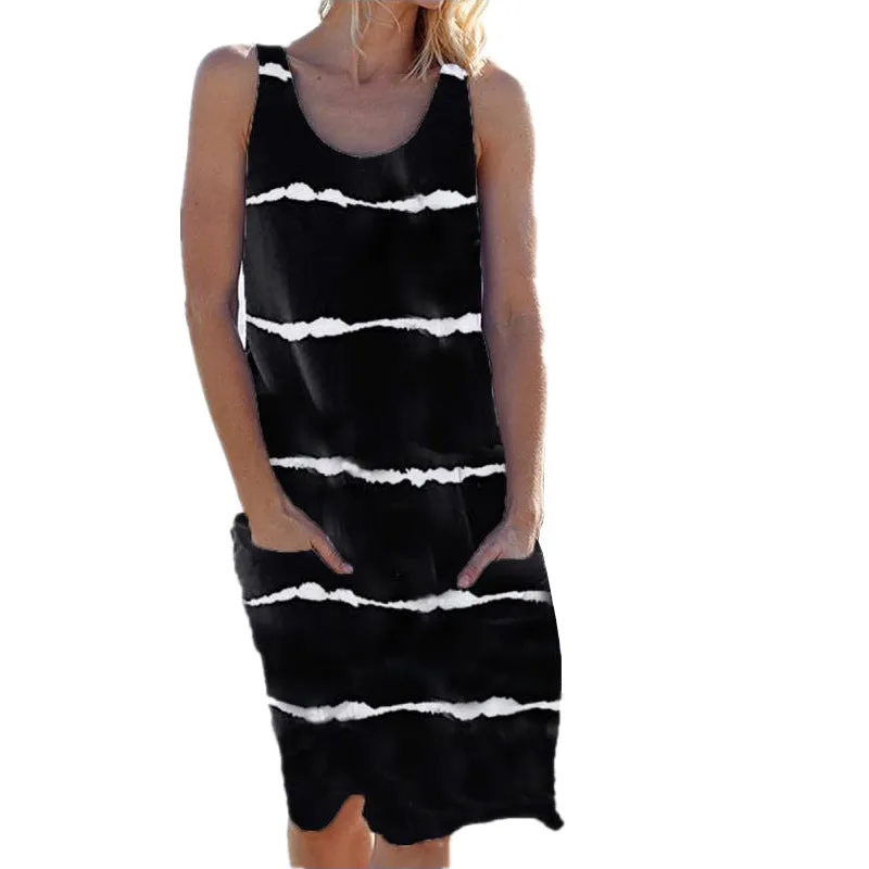 Sleeveless Summer Women's Round Neck Printed Striped Pocket Vest Dress