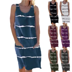 Sleeveless Summer Women's Round Neck Printed Striped Pocket Vest Dress