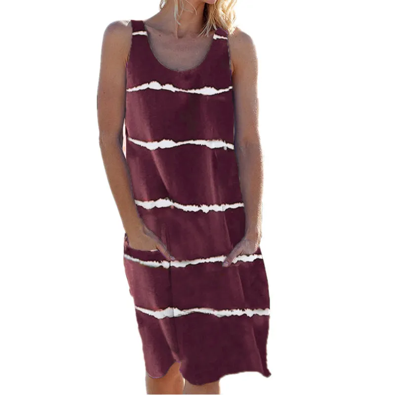 Sleeveless Summer Women's Round Neck Printed Striped Pocket Vest Dress